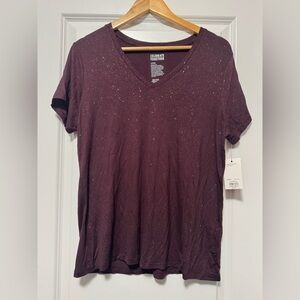 Burgundy Glitter V-Neck Tee Women’s Large Soft Casual Sparkle Top NWT